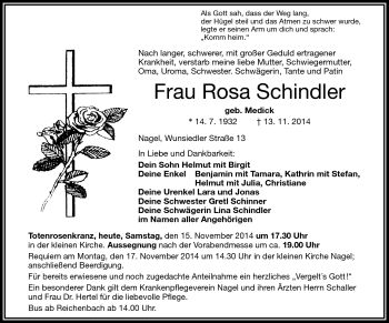 Traueranzeige von Rosa Schindler von Frankenpost