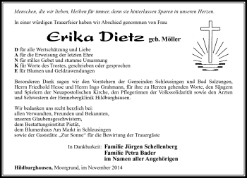Traueranzeige von Erika Dietz von Südthüringer Presse