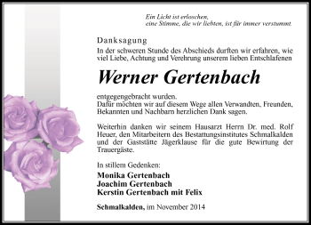Traueranzeige von Werner Gertenbach von Südthüringer Presse