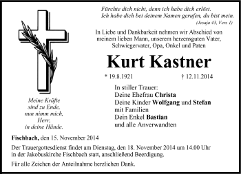 Traueranzeige von Kurt Kastner von Neue Presse Coburg