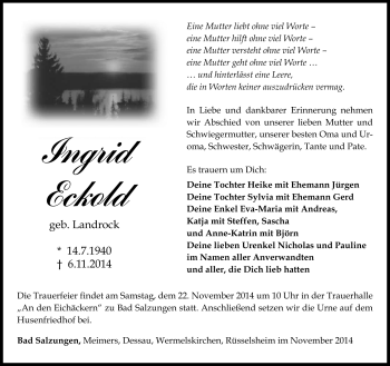 Traueranzeige von Ingrid Eckold von Südthüringer Presse