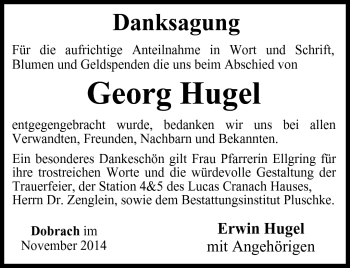 Traueranzeige von Georg Hugel von Neue Presse Coburg