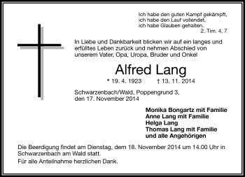 Traueranzeige von Alfred Lang von Frankenpost
