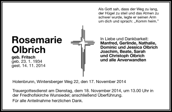 Traueranzeige von Rosemarie Olbrich von Frankenpost