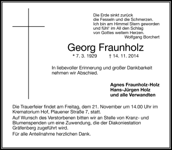 Traueranzeige von Georg Fraunholz von Frankenpost