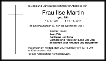 Traueranzeige von Ilse Martin von Frankenpost