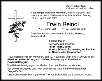 Traueranzeige von Erwin Reindl von Frankenpost