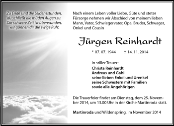 Traueranzeige von Jürgen Reinhardt von Südthüringer Presse