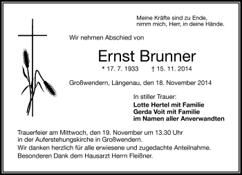 Traueranzeige von Ernst Brunner von Frankenpost