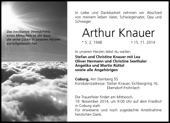 Traueranzeige von Arthur Knauer von Neue Presse Coburg