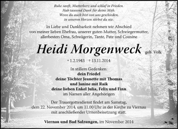 Traueranzeige von Heidi Morgenweck von Südthüringer Presse