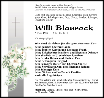 Traueranzeige von Willi Blaurock von Südthüringer Presse