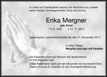 Traueranzeige von Erika Mergner von Frankenpost