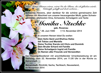Traueranzeige von Monika Nitschke von Südthüringer Presse