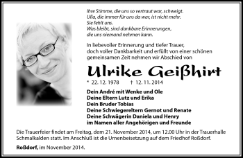 Traueranzeige von Ulrike Geißhirt von Südthüringer Presse