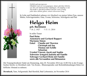 Traueranzeige von Helga Heim von Südthüringer Presse
