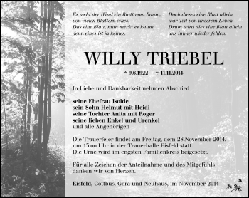 Traueranzeige von Willy Triebel von Südthüringer Presse
