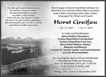 Traueranzeige von Horst Greifzu von Südthüringer Presse