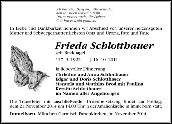Traueranzeige von Frieda Schlotthauer von Südthüringer Presse