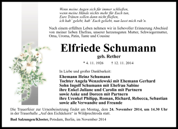 Traueranzeige von Elfriede Schumann von Südthüringer Presse