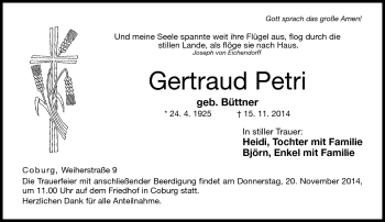 Traueranzeige von Gertraud Petri von Neue Presse Coburg