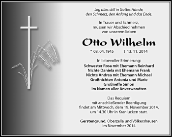 Traueranzeige von Otto Wilhelm von Südthüringer Presse