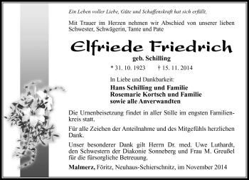 Traueranzeige von Elfriede Friedrich von Südthüringer Presse