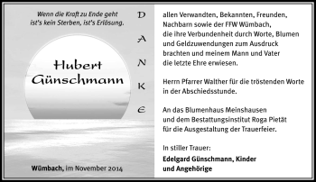 Traueranzeige von Hubert Günschmann von Südthüringer Presse