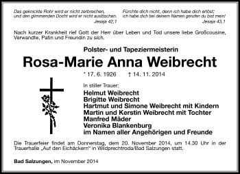 Traueranzeige von Rosa-Marie Weibrecht von Südthüringer Presse