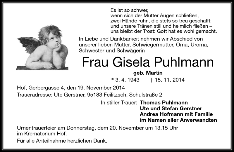  Traueranzeige für Gisela Puhlmann vom 19.11.2014 aus Frankenpost