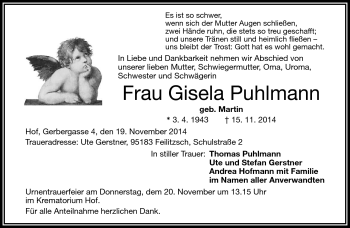 Traueranzeige von Gisela Puhlmann von Frankenpost