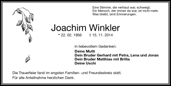 Traueranzeige von Joachim Winkler von Frankenpost