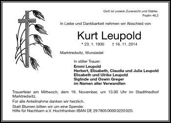 Traueranzeige von Kurt Leupold von Frankenpost