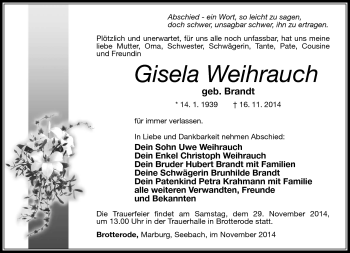 Traueranzeige von Gisela Weihrauch von Südthüringer Presse