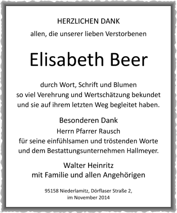 Traueranzeige von Elisabeth Beer von Frankenpost