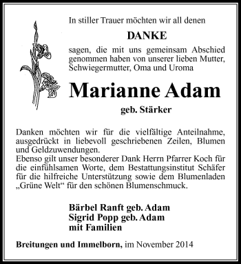 Traueranzeige von Marianne Adam von Südthüringer Presse