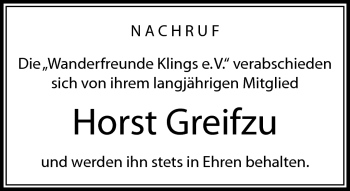 Traueranzeige von Horst Greifzu von Südthüringer Presse
