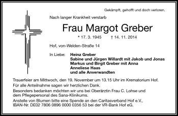 Traueranzeige von Margot Greber von Frankenpost