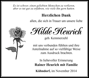 Traueranzeige von Hilde Heurich von Südthüringer Presse