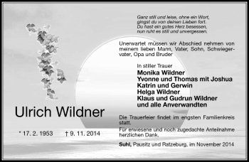 Traueranzeige von Ulrich Wildner von Südthüringer Presse