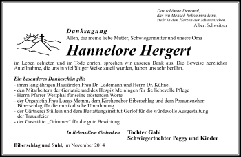 Traueranzeige von Hannelore Hergert von Südthüringer Presse