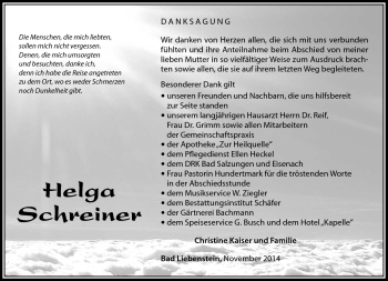 Traueranzeige von Helga Schreiner von Südthüringer Presse