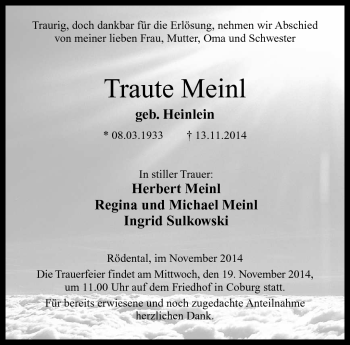 Traueranzeige von Traute Meinl von Neue Presse Coburg