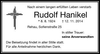 Traueranzeige von Rudolf Hanikel von Frankenpost