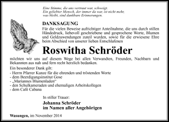 Traueranzeige von Roswitha Schröder von Südthüringer Presse