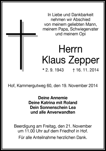 Traueranzeige von Klaus Zepper von Frankenpost