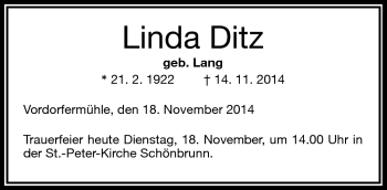Traueranzeige von Linda Ditz von Frankenpost