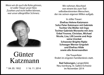 Traueranzeige von Günter Katzmann von Südthüringer Presse