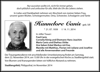 Traueranzeige von Hannelore Canis von Südthüringer Presse