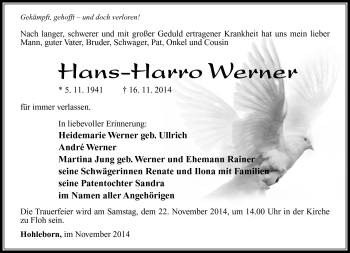 Traueranzeige von Hans-Harro Werner von Südthüringer Presse